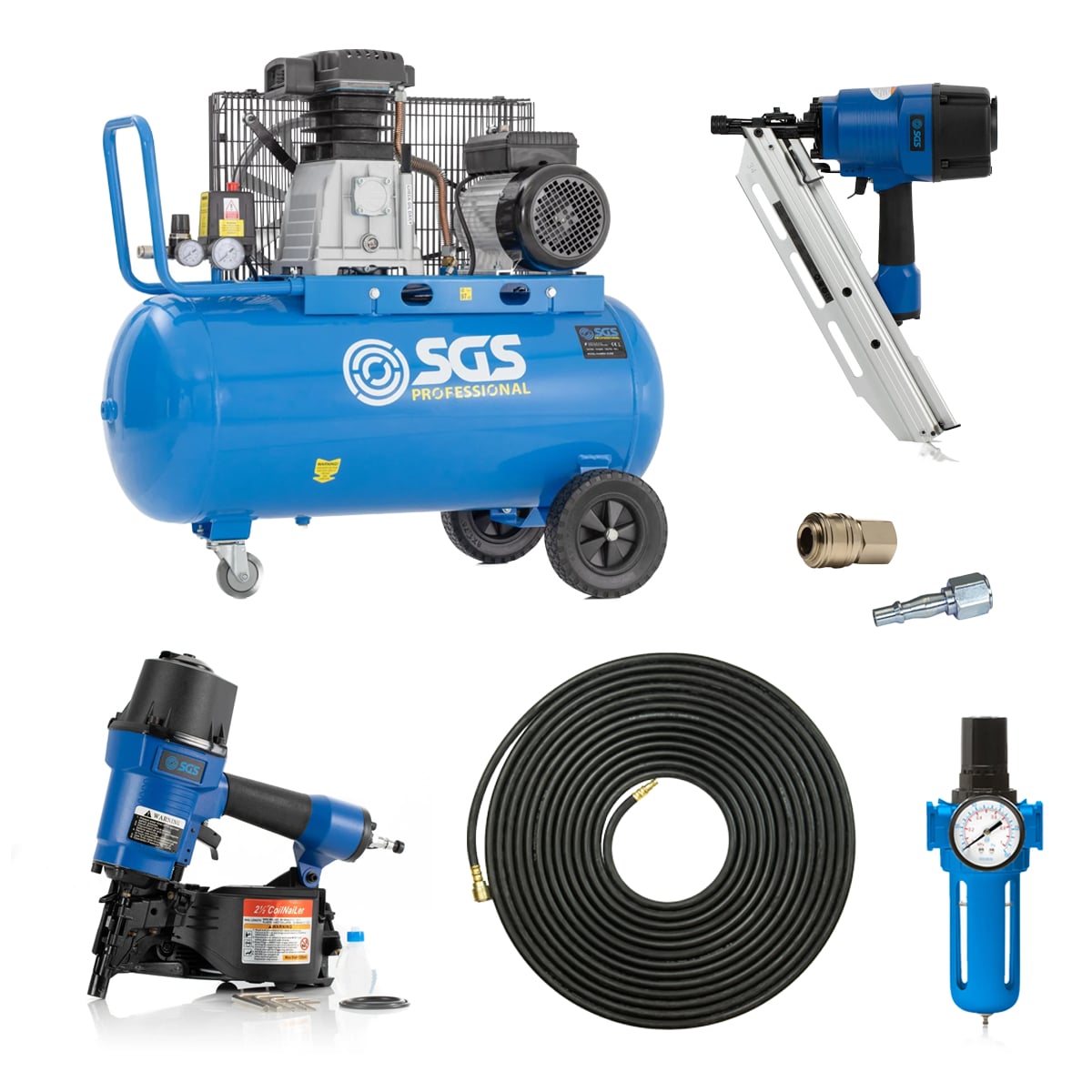 SGS 90 Litre Pro Belt Drive Air Compressor With Framing & Coil Nail Guns – 14CFM 3HP 90L